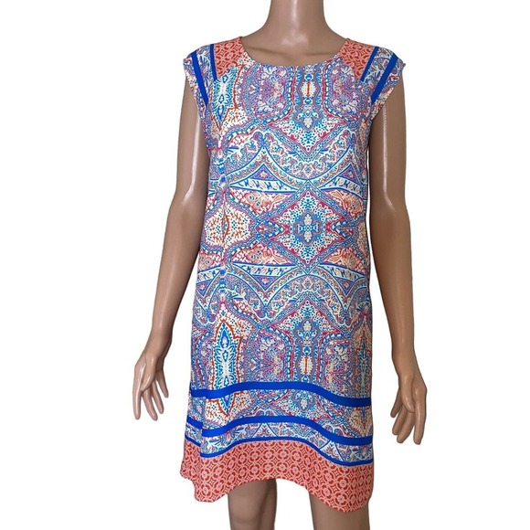 Everly Women's dress Orange Blue Boho Print A-line Size Sm Anthropologie sheath - Picture 2 of 8